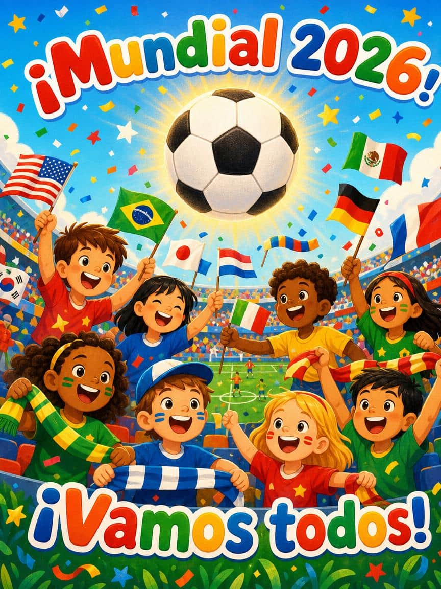 Ilustración infantil de niños hinchas para el Mundial 2026, generada con IA