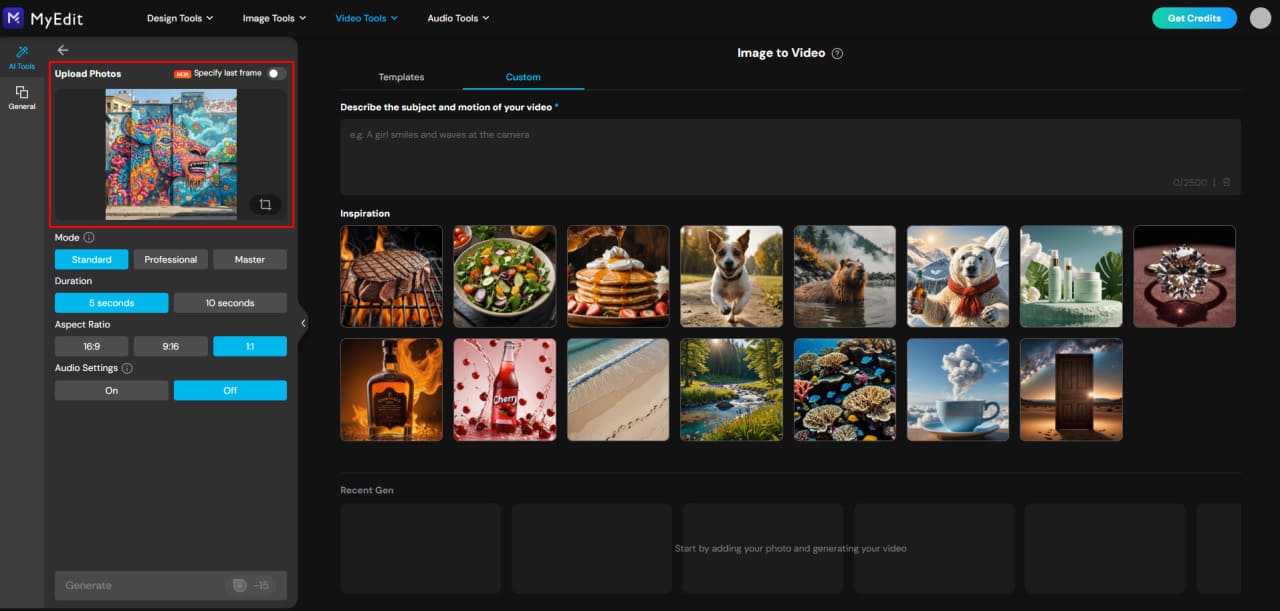 Upload your image to MyEdit for AI animation