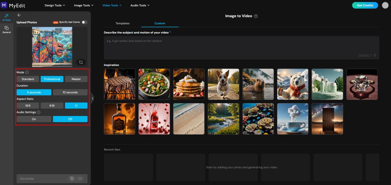 Step 1: Choose Mode and Settings for Image to Video in MyEdit