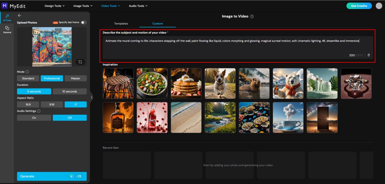 Select an animation template or custom prompt for your AI video