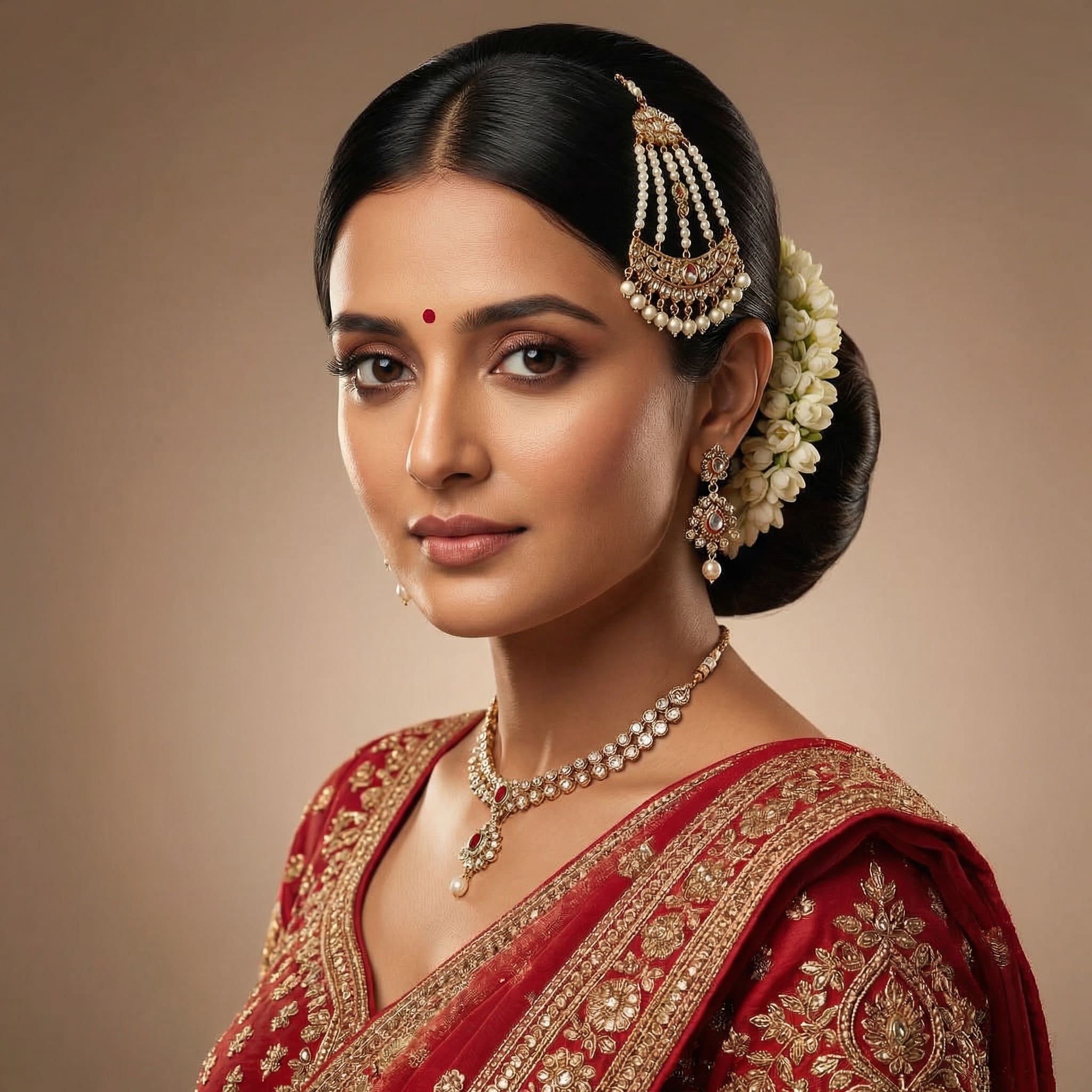 AI-generated bridal chignon with maang tikka hairstyle using Gemini AI