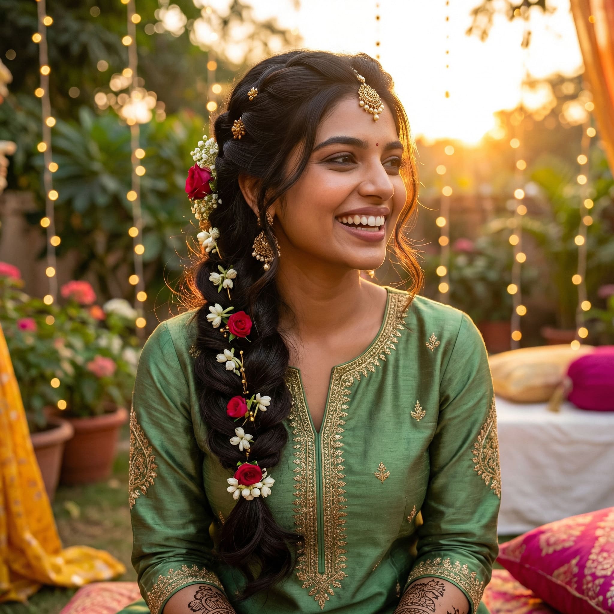 AI-generated mehendi side braid hairstyle using Gemini AI