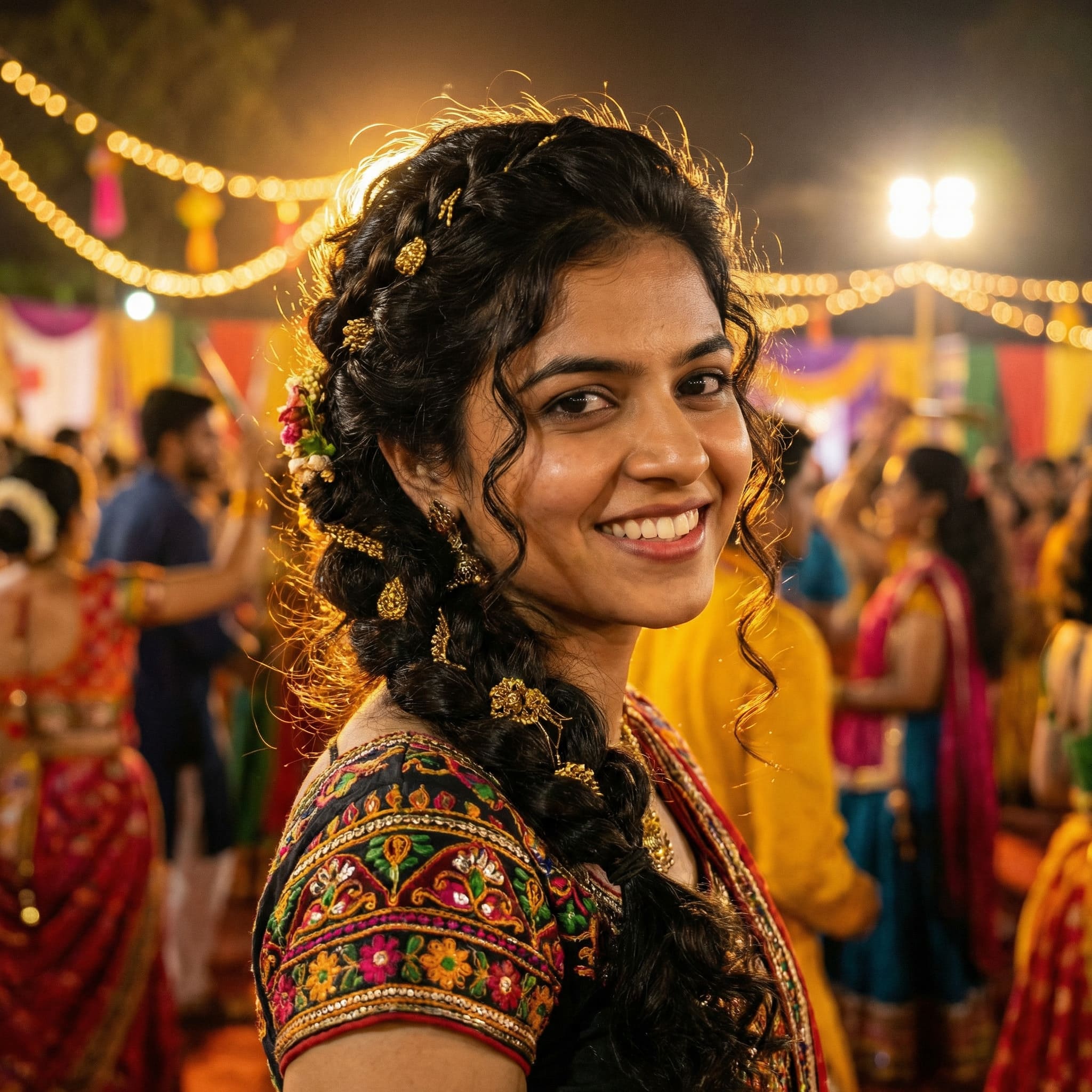 AI-generated Navratri festive updo hairstyle using Gemini AI