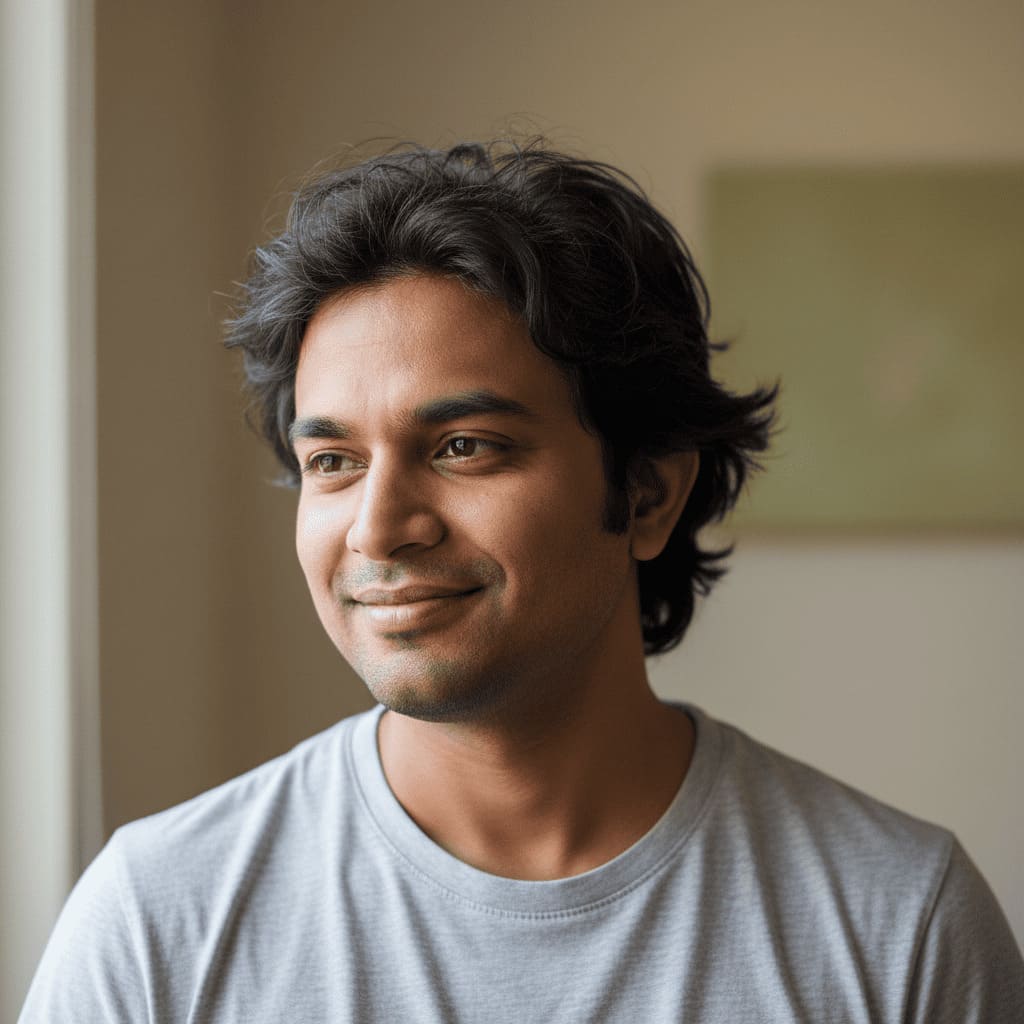 Reference photo before AI-generated classic side part hairstyle