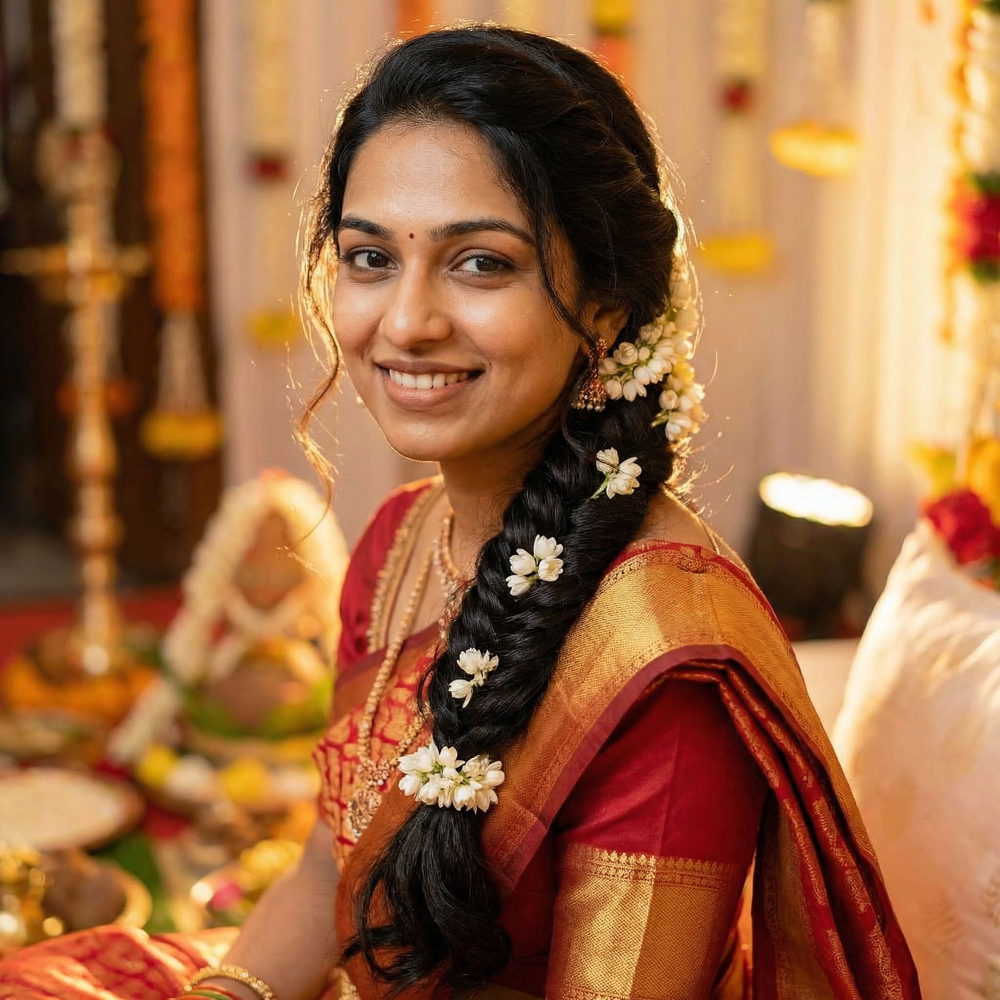 AI-generated fishtail braid with flowers hairstyle using Gemini AI