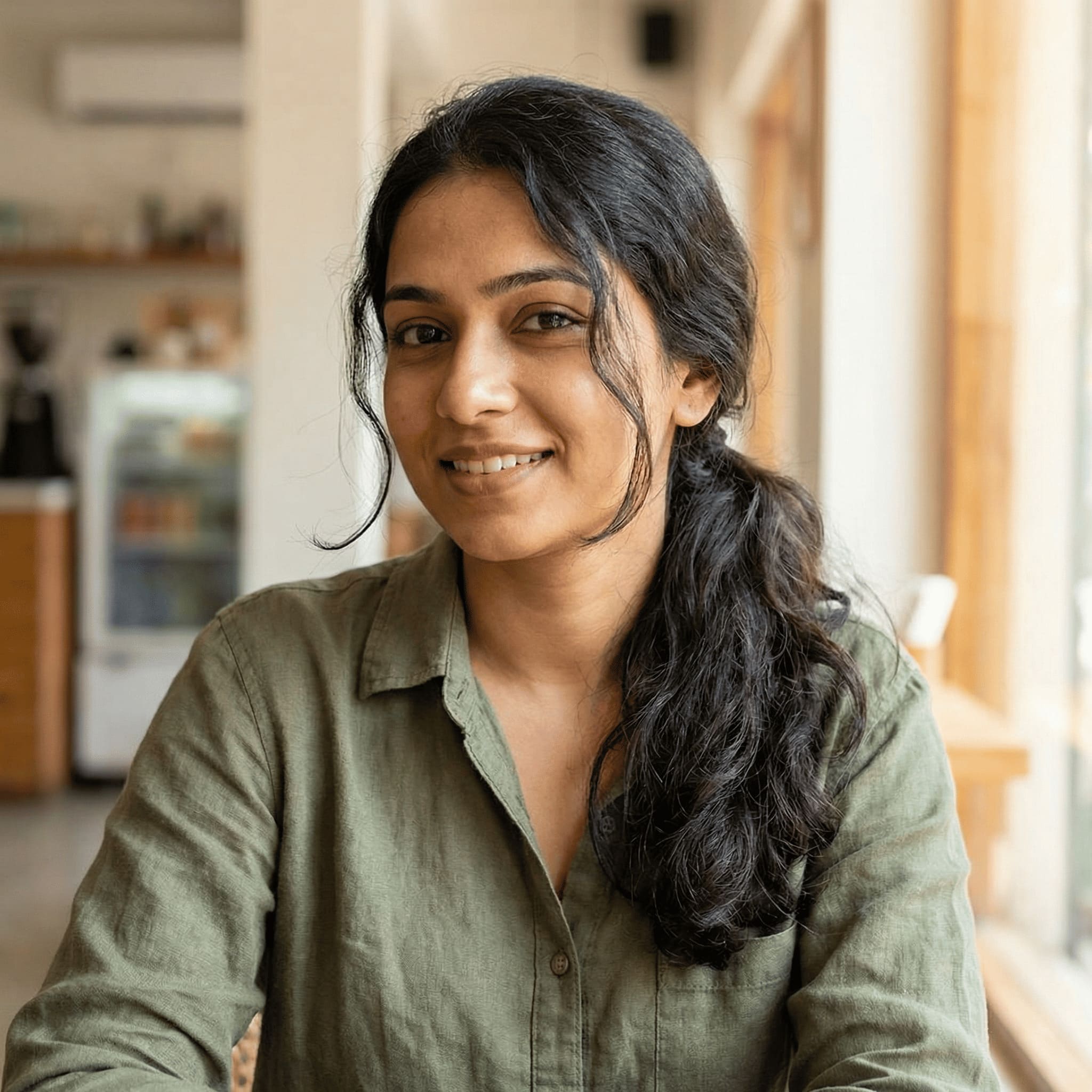 Reference photo before AI-generated fishtail braid with flowers hairstyle