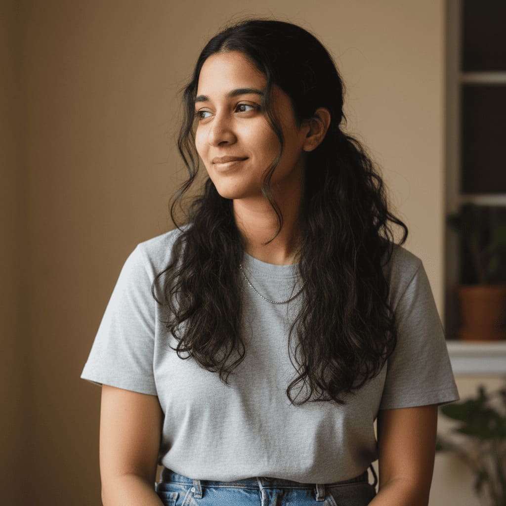 Reference photo before AI-generated half-up twisted bun hairstyle
