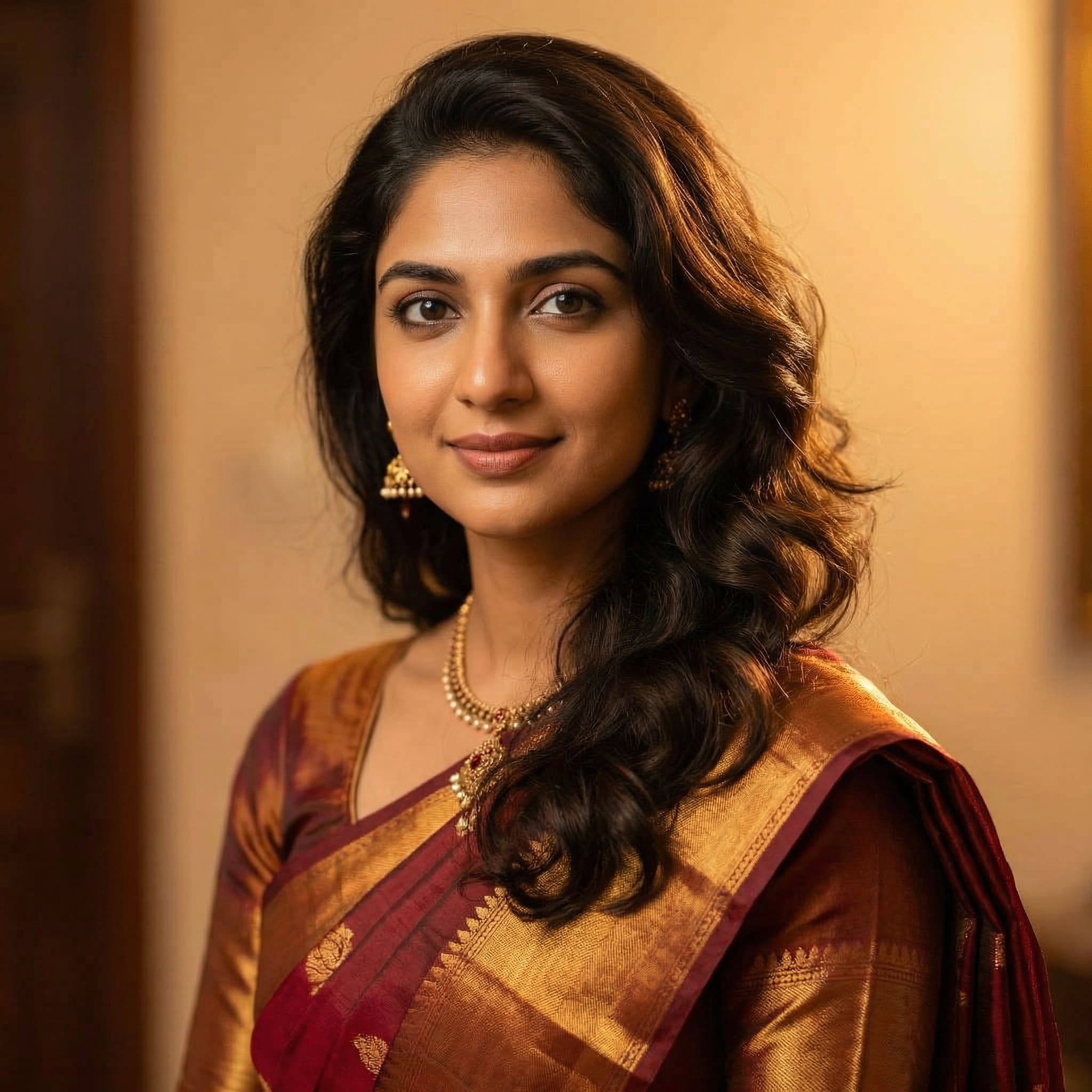 AI-generated loose wavy hair saree look using Gemini AI