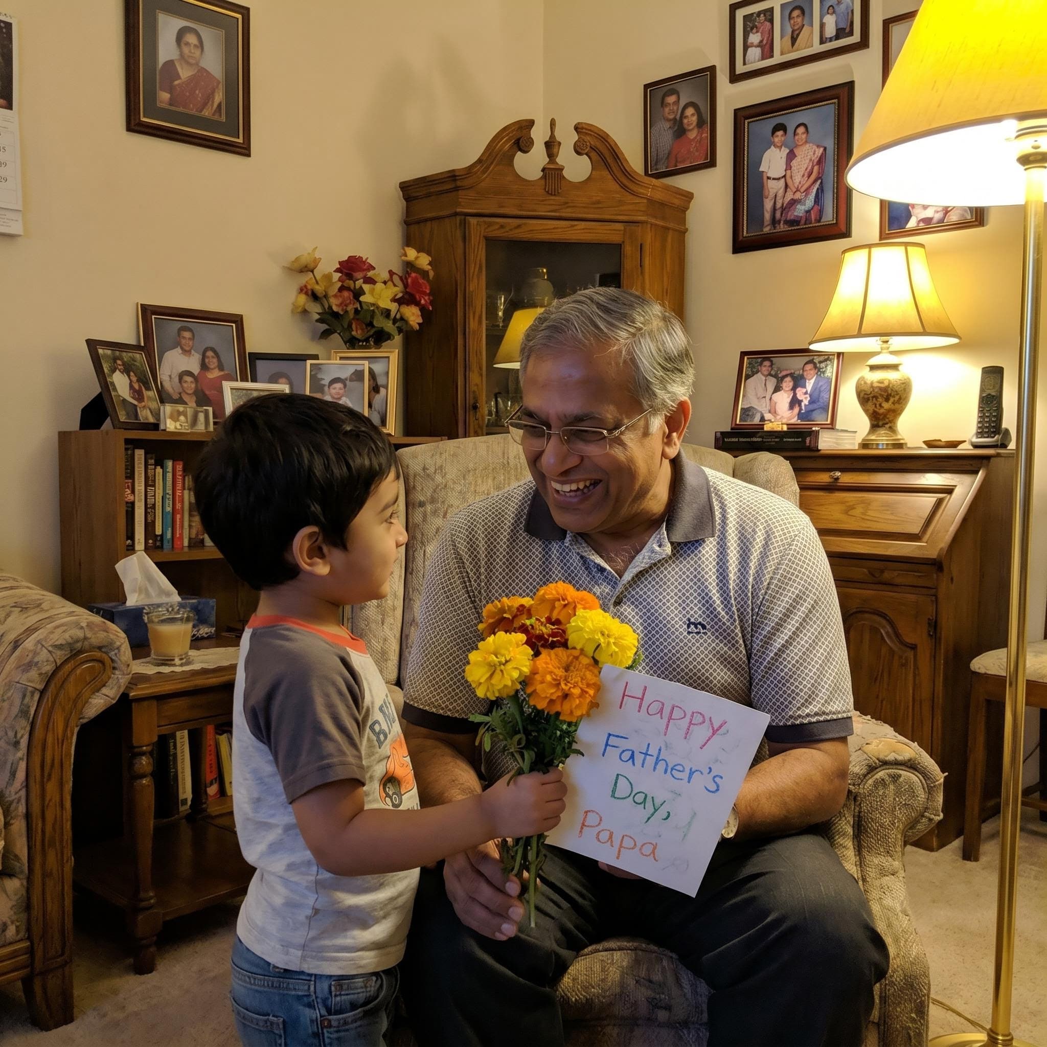 Dad receiving flowers and card in Indian home setting created with AI