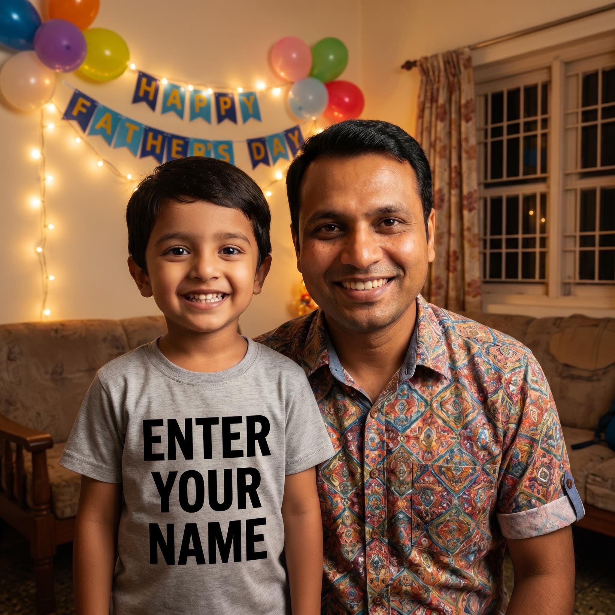 Father and child with name on shirt in Father's Day celebration scene