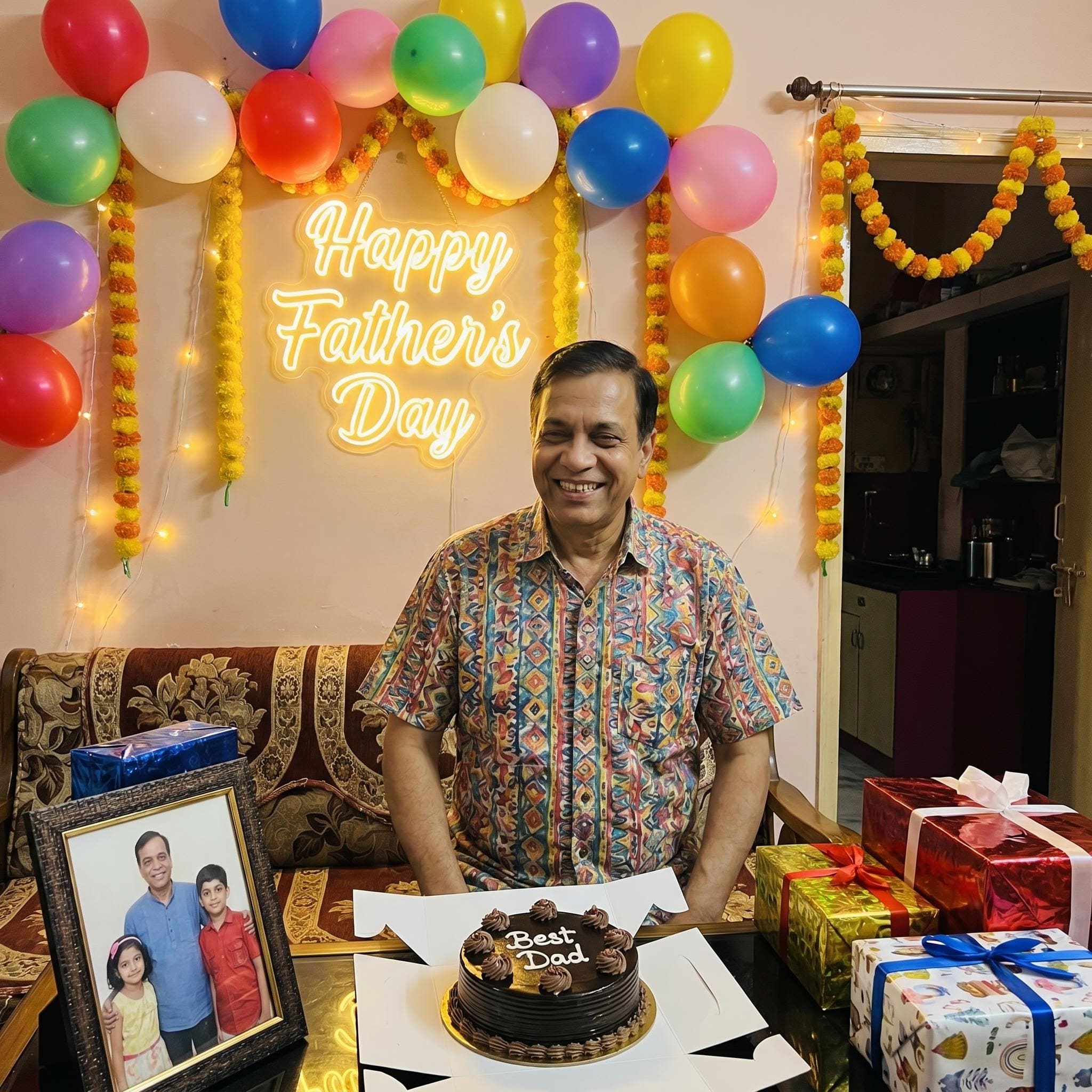 Dad in decorated Indian Father's Day celebration room with neon sign