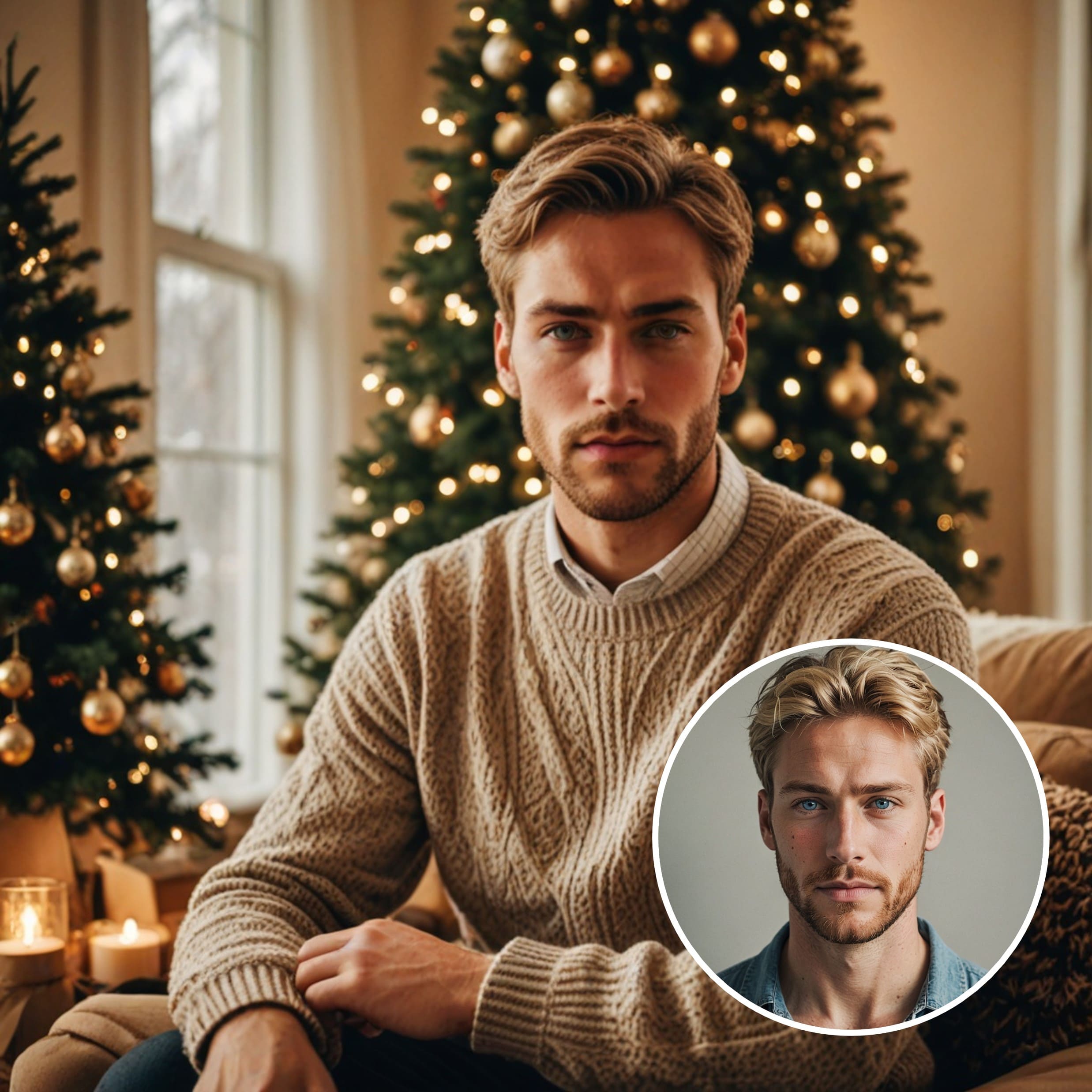 Christmas portrait with decorated tree and festive outfit