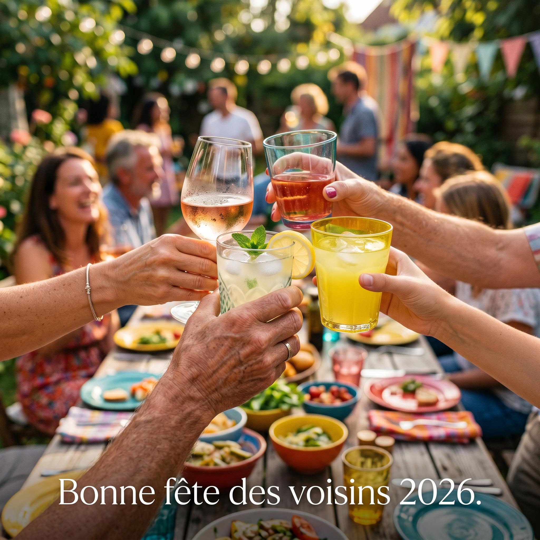 Visuel carré Instagram style photo lifestyle pour la fête des voisins, généré par IA