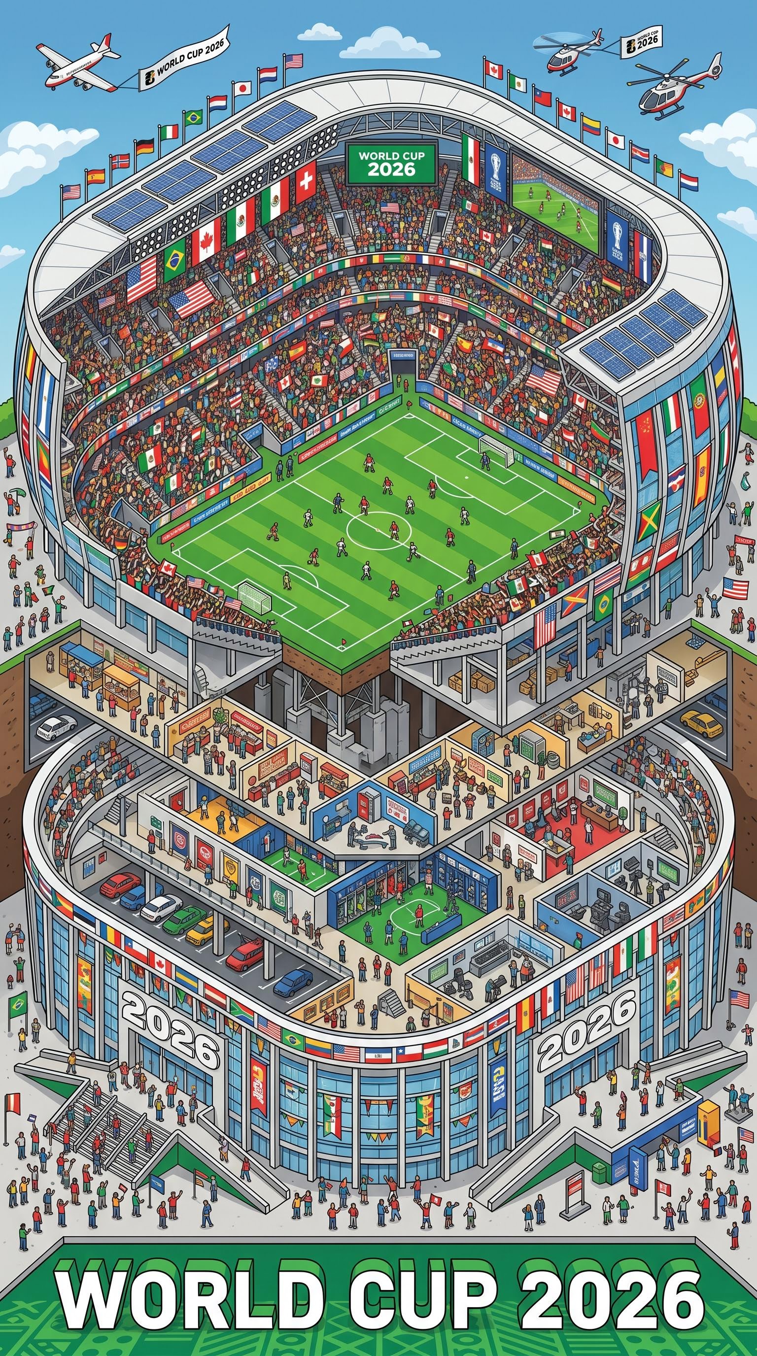 Isometric illustration of a stadium in cross-section for the World Cup, AI generated