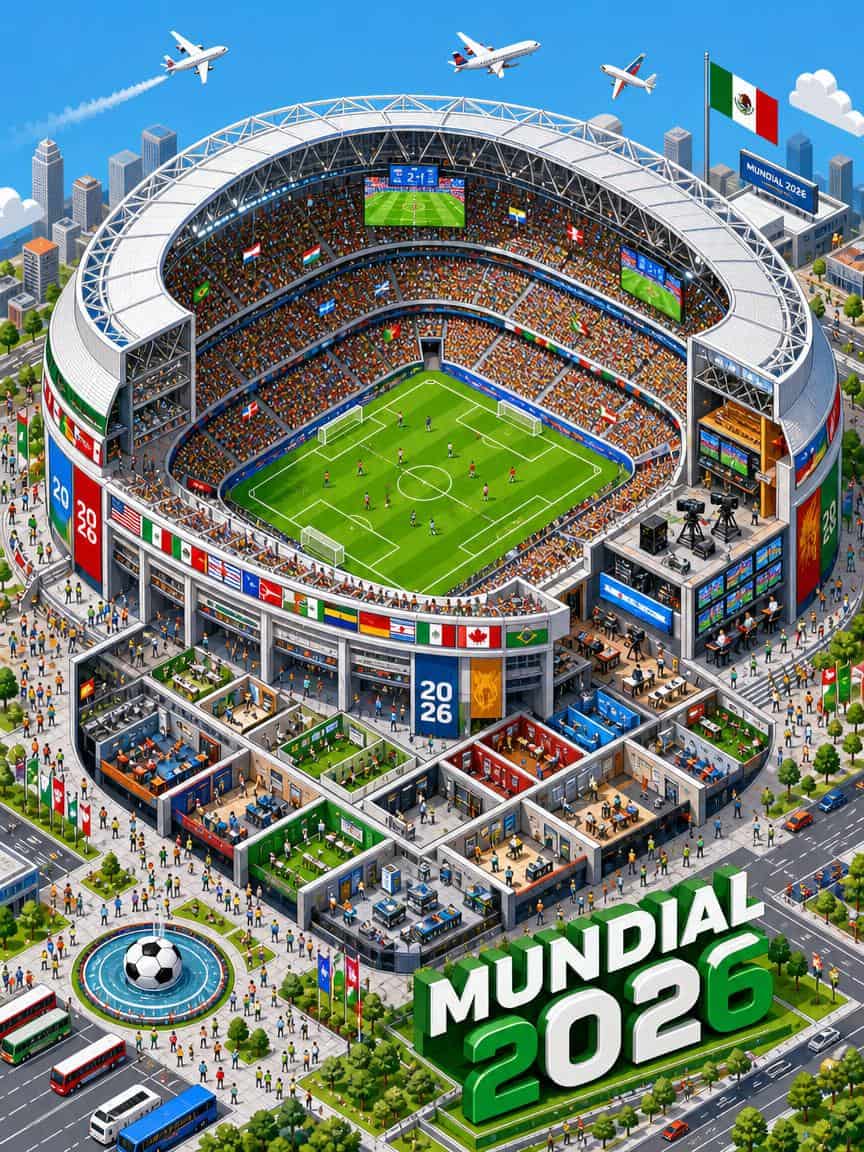 Ilustración isométrica de un estadio en corte para el Mundial 2026, generada con IA