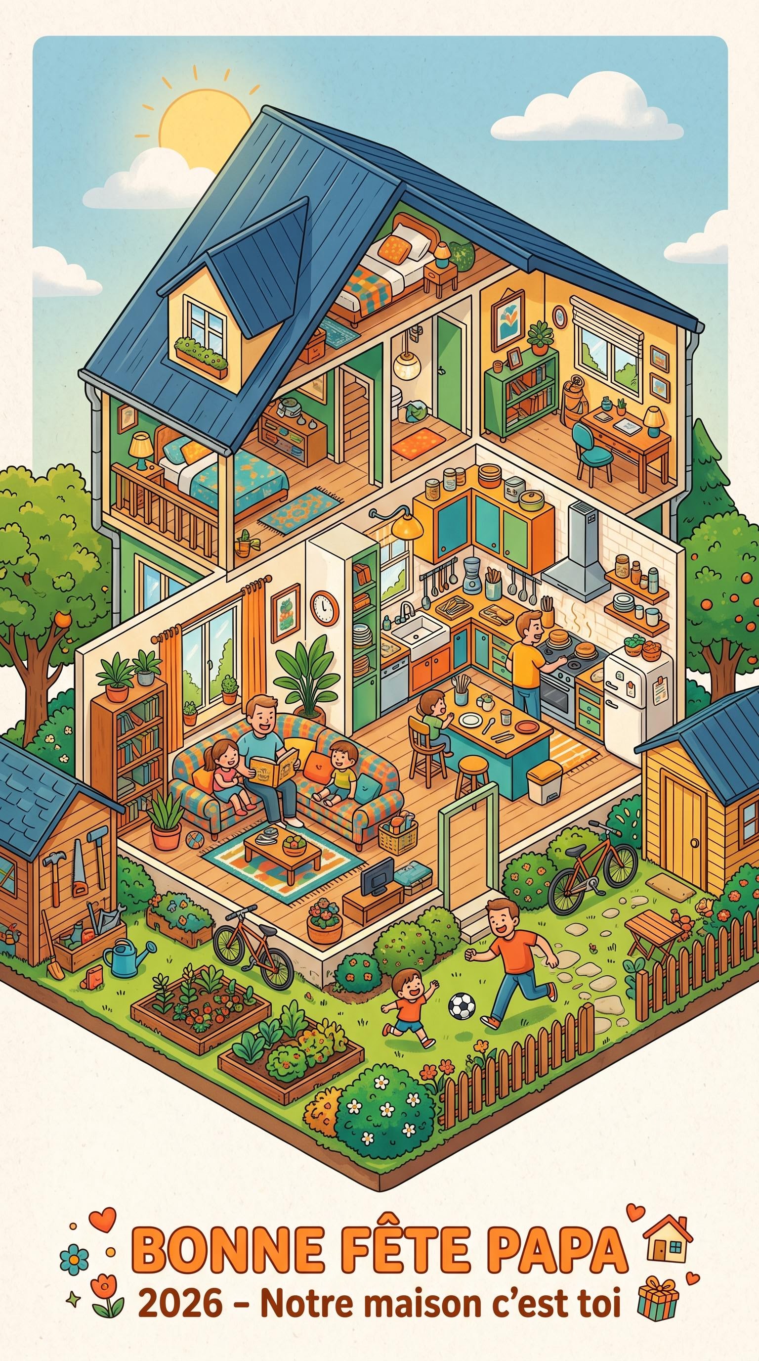 Illustration isométrique de la maison familiale pour la fête des pères, générée par IA