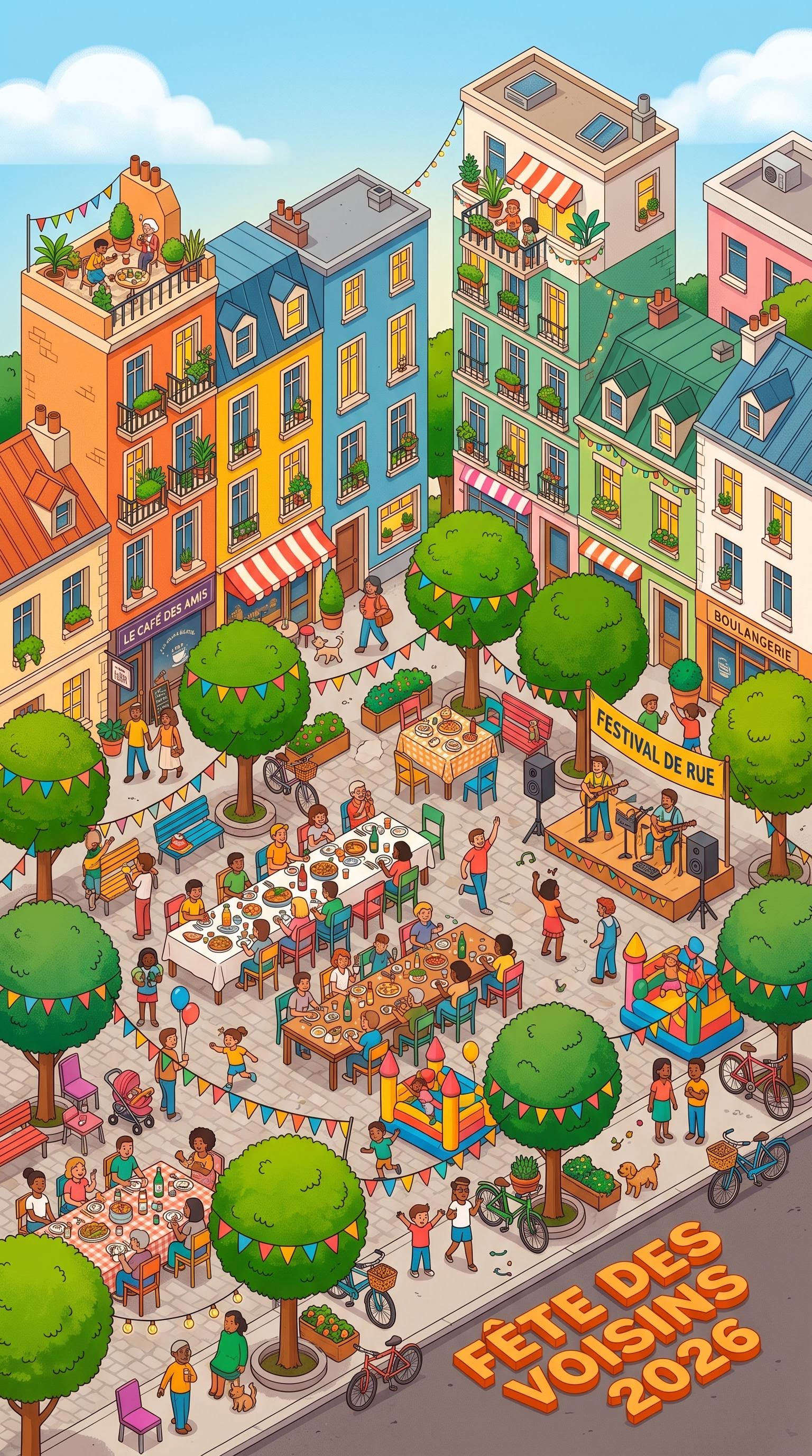 Illustration isométrique d'un quartier en fête pour la fête des voisins, générée par IA
