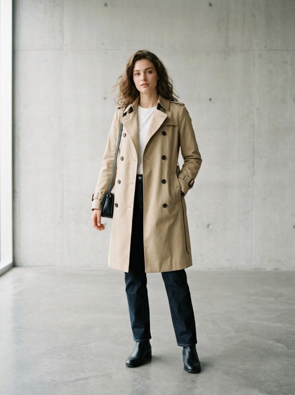 Demonstration von KI-Farbanpassung: Ein Mantel wechselt automatisch die Farbe, wobei Stoffdetails und Schatten erhalten bleiben.