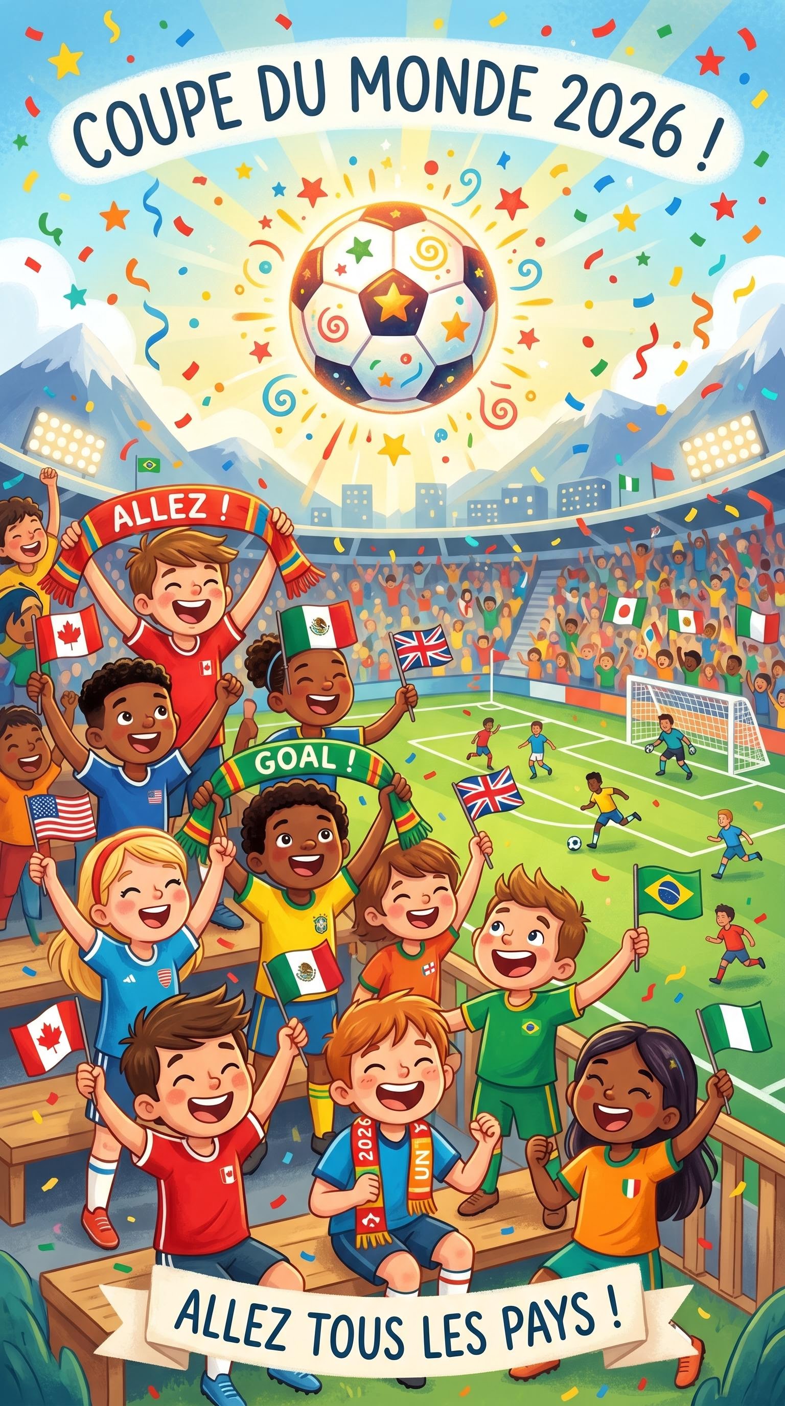 Illustration jeunesse des enfants supporters pour la coupe du monde, générée par IA