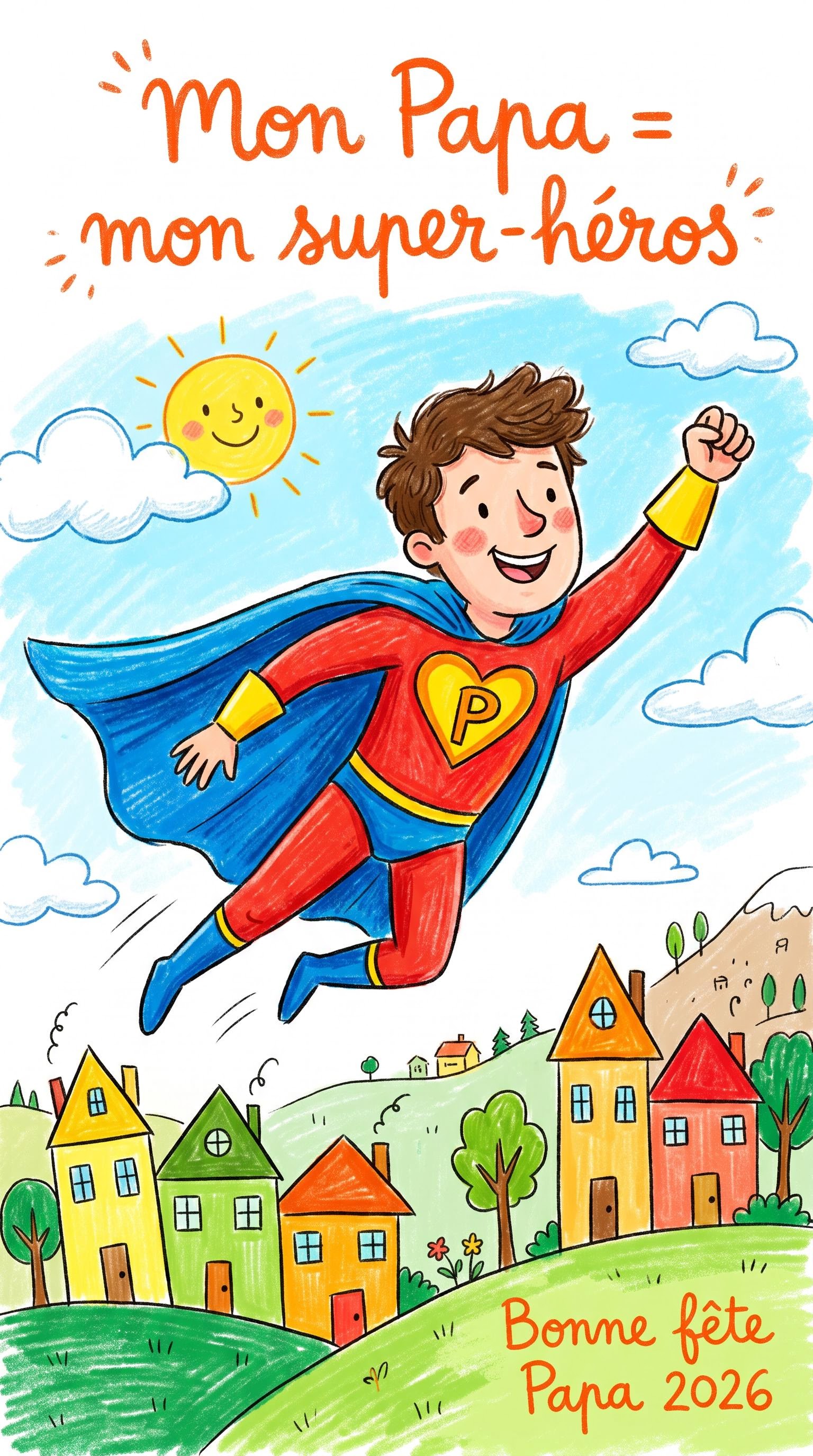 Illustration jeunesse papa super-héros pour la fête des pères, générée par IA