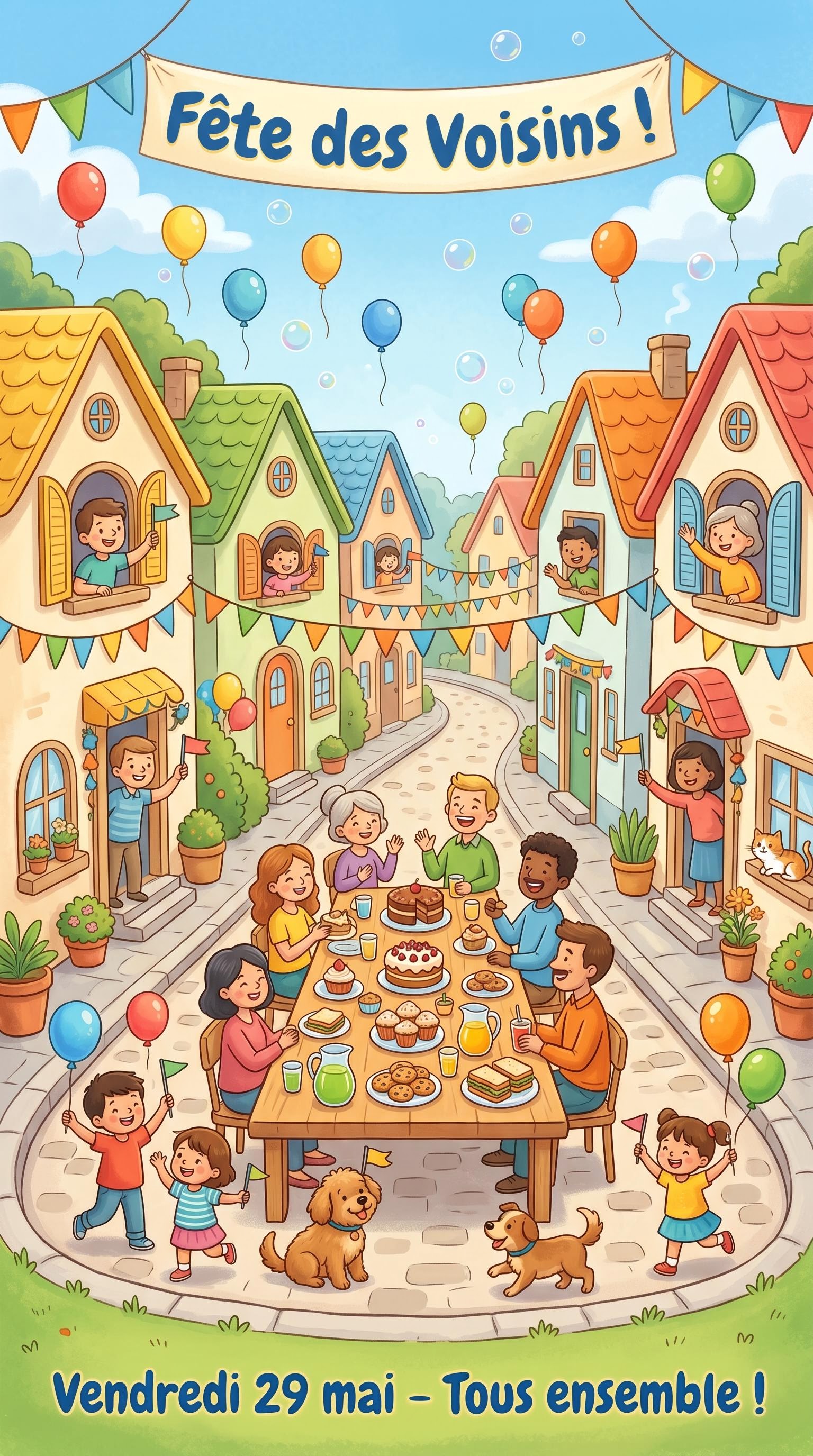 Illustration jeunesse colorée pour familles et enfants pour la fête des voisins, générée par IA