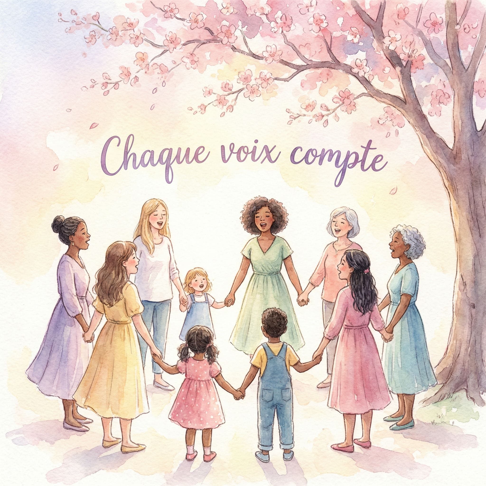 Aquarelle femmes et enfants avec texte inspirant
