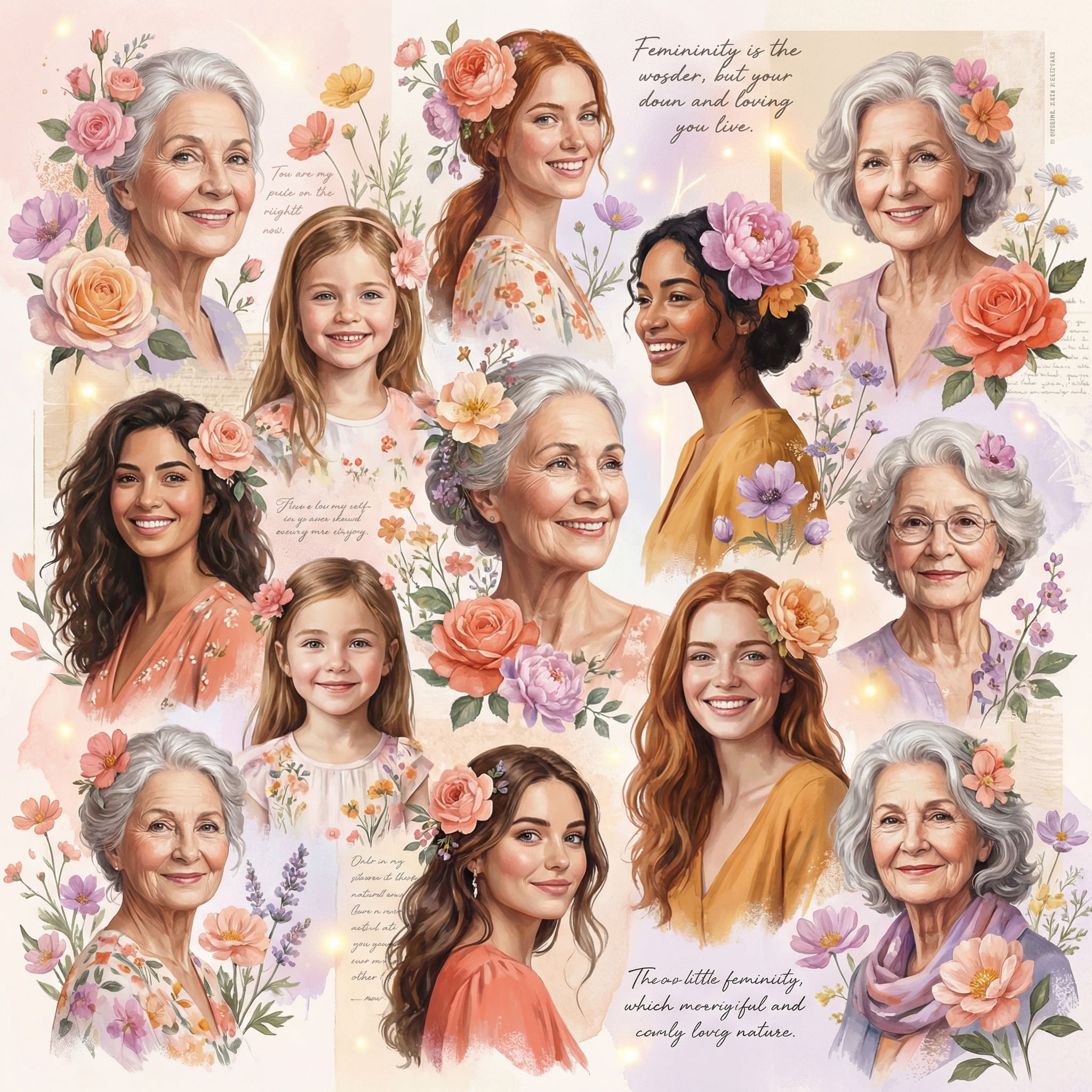 Collage digital de portraits et motifs floraux