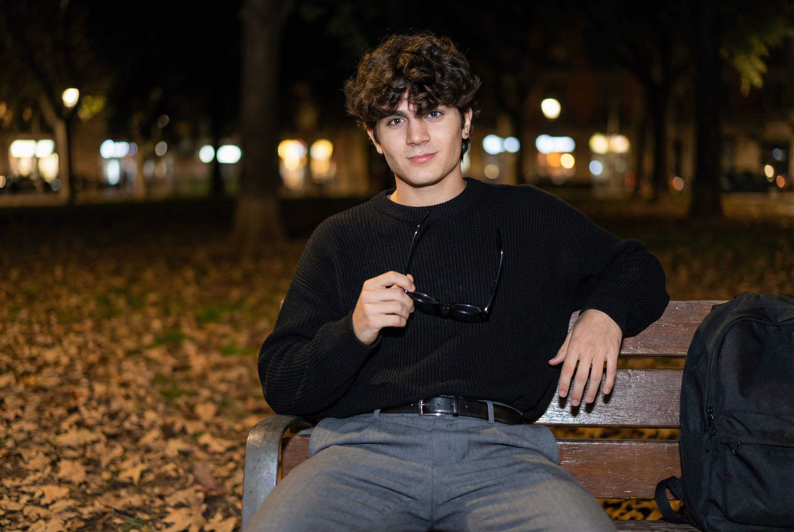 Korean style night portrait on a park bench