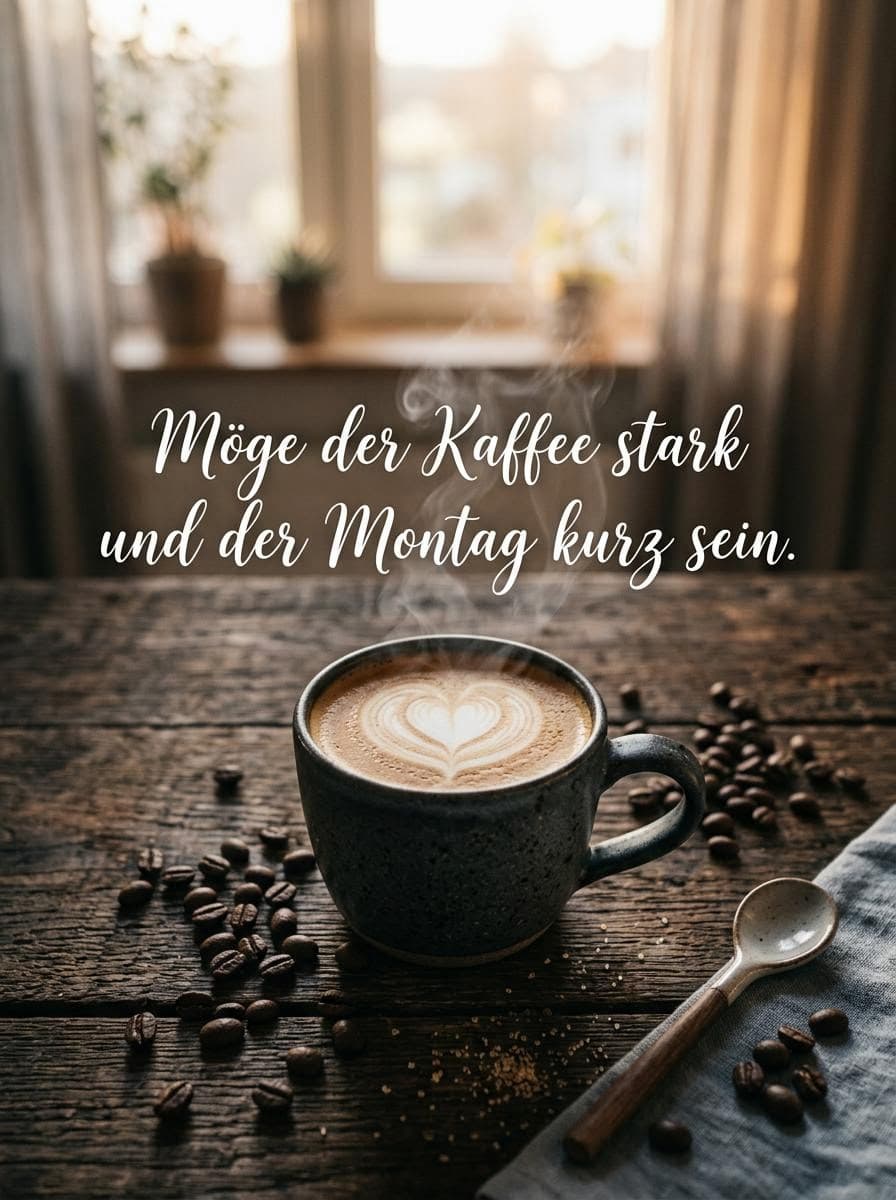 Eine rauchende Kaffeetasse mit Herz-Milchschaum auf einem rustikalen Holztisch voller Kaffeebohnen vor einem hellen Fenster mit der geschwungenen Schrift Möge der Kaffee stark und der Montag kurz sein.