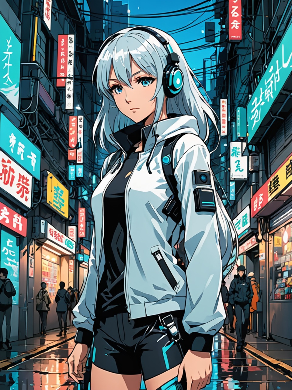 Coole KI-generierte Anime-Waifu mit hellblauen Haaren und Kopfhörern in einer futuristischen Neon-Gasse im Cyberpunk-Stil.