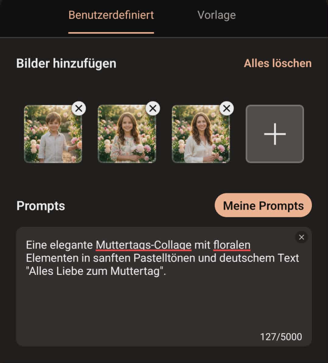 Übersicht der Benutzeroberfläche in PhotoDirector beim Erstellen einer KI-Muttertags-Collage mit Texteingabe.