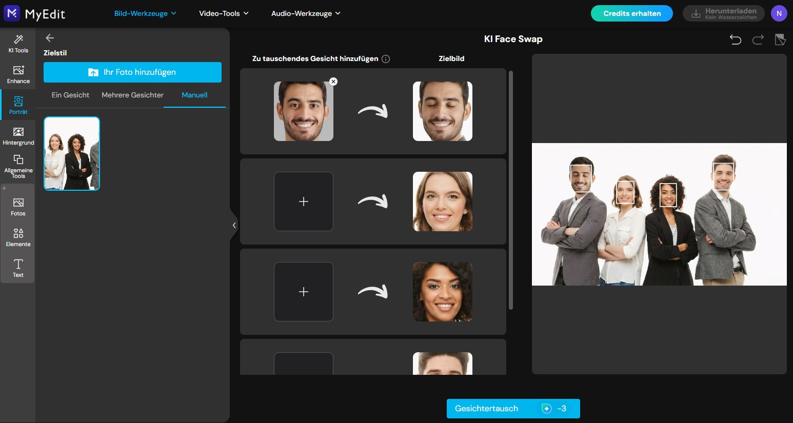 Screenshot des MyEdit Multi-Face-Swap-Interfaces. Zu sehen ist ein Gruppenfoto von vier Personen, bei dem ein Gesicht mit geschlossenen Augen gezielt ausgewählt wurde, um es durch eine geöffnete Variante zu ersetzen.