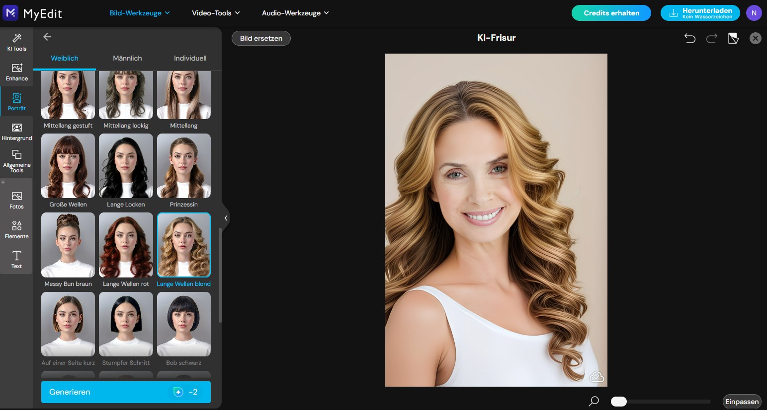 Screenshot der MyEdit-Funktion KI-Frisur. Links ist eine Auswahl verschiedener Haarschnitte und Haarfarben zu sehen, rechts die realistische Vorschau einer Frau mit langen, blonden Wellen.
