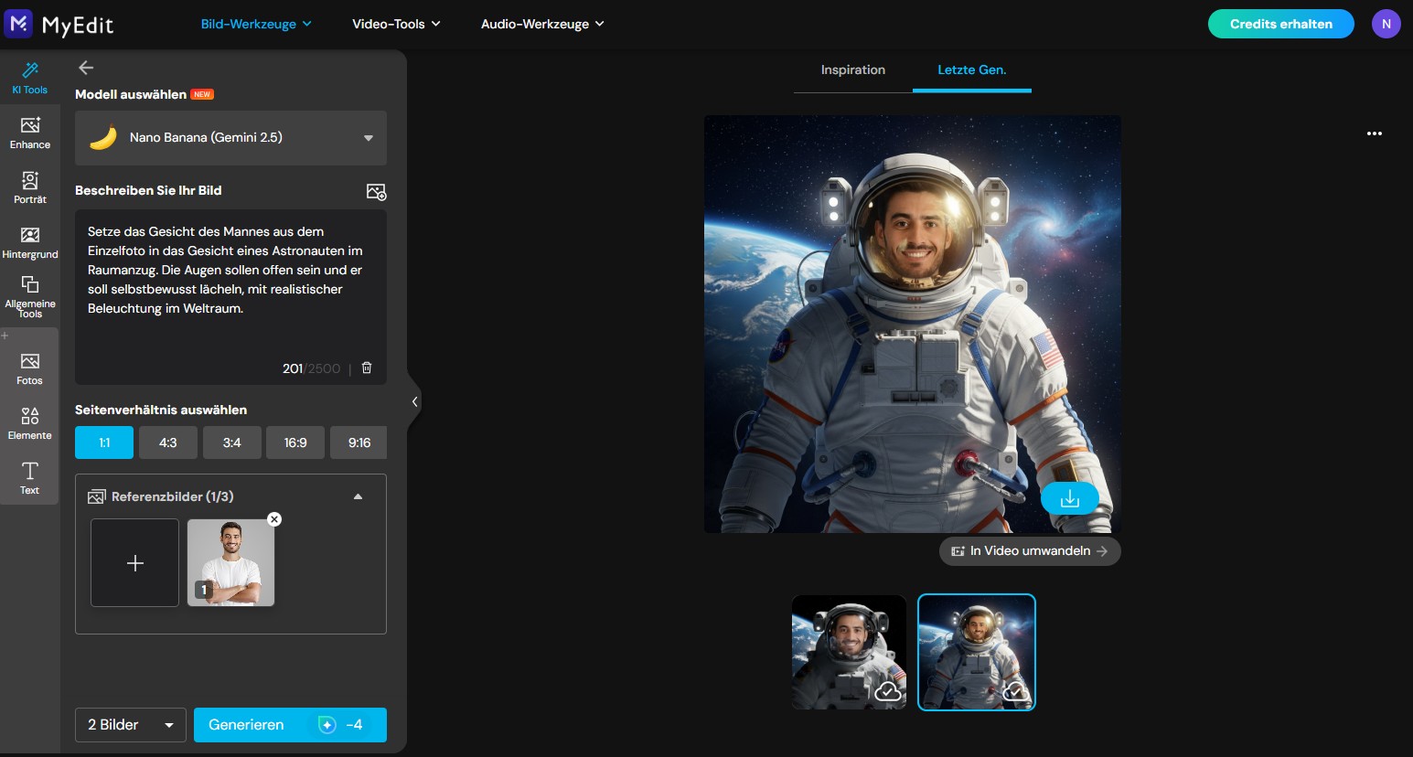 Benutzeroberfläche von MyEdit für prompt-basierten KI Face Swap. Ein deutsches Textfeld zeigt den Befehl für ein Astronauten-Szenario, rechts ist das fertige, realistische Bild des Mannes im Weltraum zu sehen.