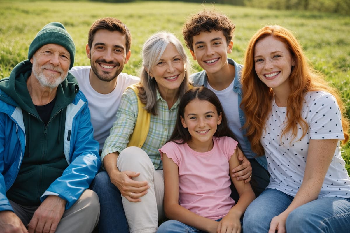 KI-generiertes Familienfoto einer mehrköpfigen Gruppe, die glücklich lächelnd auf einer sonnigen grünen Wiese sitzt.