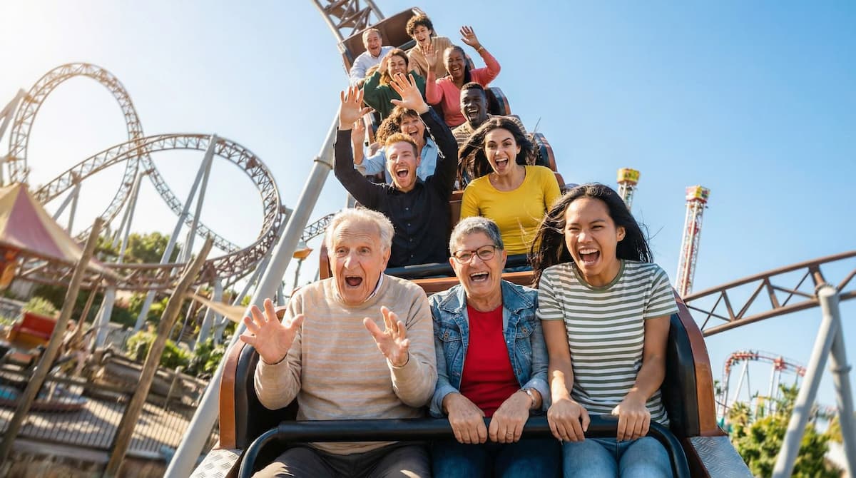 Ein KI-generiertes, realistisches Foto einer lachenden Familie verschiedener Generationen in der ersten Reihe einer Achterbahn bei strahlendem Sonnenschein.