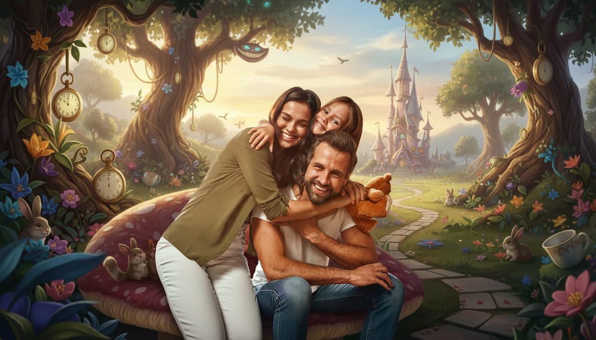 Ein KI-generiertes Familienporträt in einer fantastischen Märchenwelt mit riesigen Pilzen, Uhren an Bäumen und einem Schloss im Hintergrund, im Stil von Alice im Wunderland.
