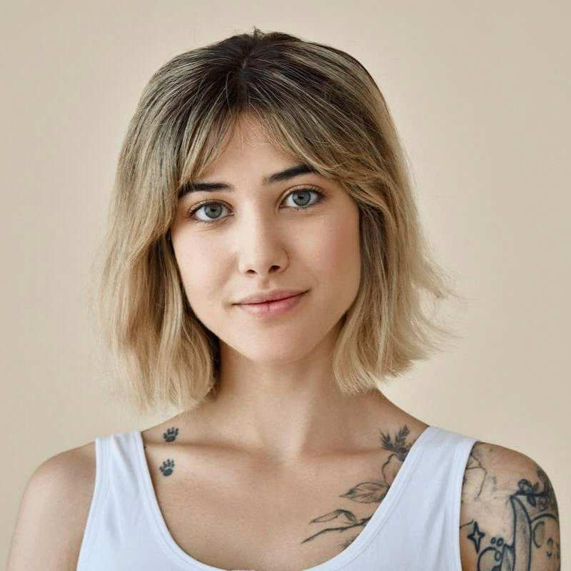 Interaktives GIF zeigt einen virtuellen Haarfarben-Test mit KI: Fließender Wechsel zwischen verschiedenen Farbtönen im Vorher-Nachher-Vergleich.