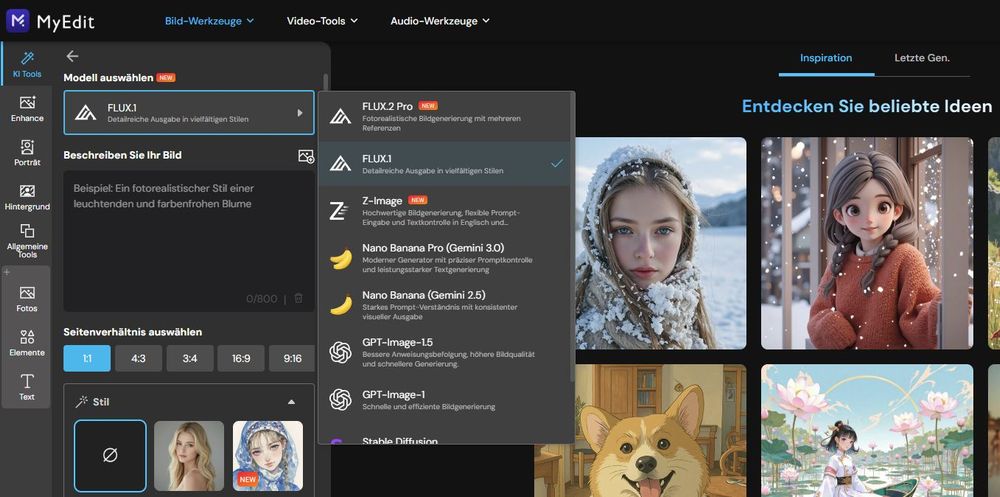 Verschiedene KI-Modelle zur Auswahl in MyEdit