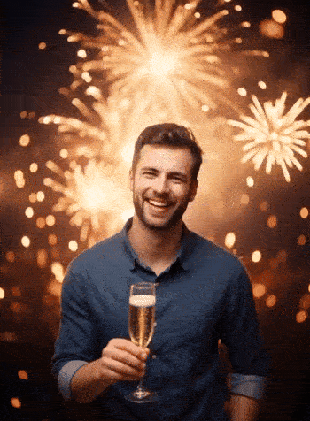 Animiertes Silvester-GIF mit Feuerwerk und Anstoßen als Muster für eigene Neujahrsbilder.