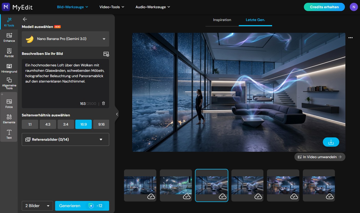 MyEdit Benutzeroberfläche: Ein futuristisches Loft über den Wolken mit raumhohen Glasfronten, einem Panorama-Blick auf den Sternenhimmel und holografischen Lichteffekten.