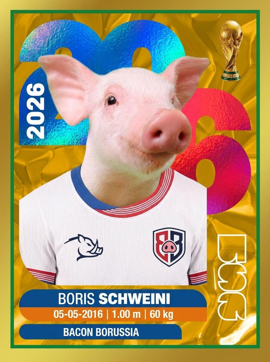 Lustige KI-generierte Fußball-Sammelkarte von einem Hausschwein namens Boris Schweini im Trikot von Bacon Borussia mit Statistiken.