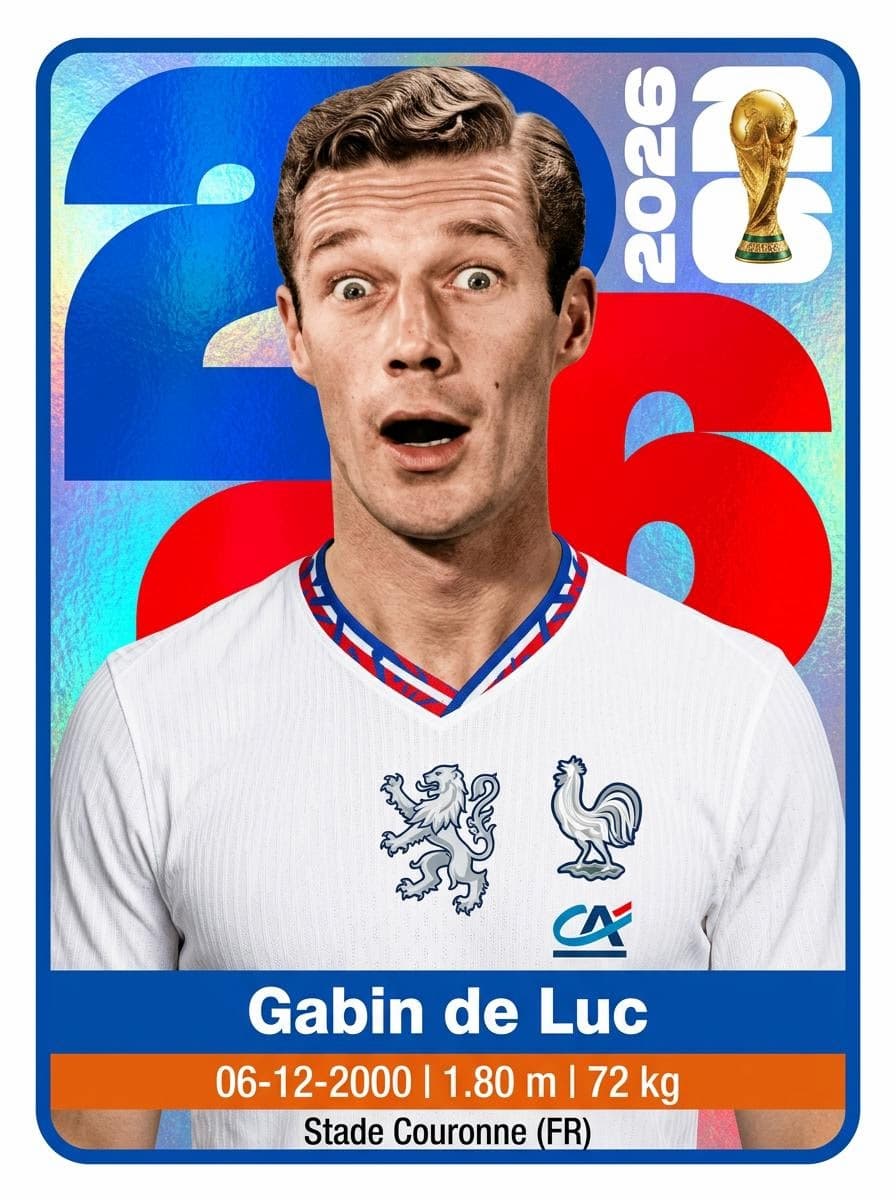 Eigene Fußball-Sammelkarte von Spieler Gabin de Luc im blau-weißen Frankreich-Design, erstellt mit dem MyEdit KI-Bildgenerator.