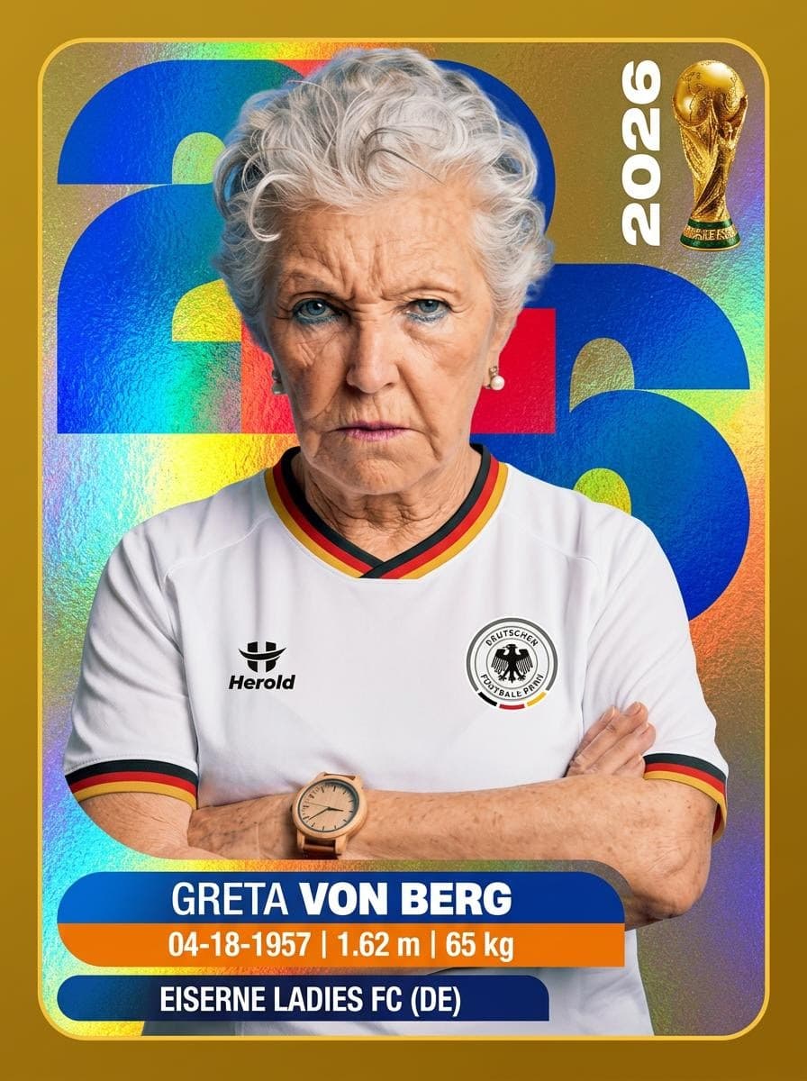 Kreative Fußball-Sammelkarte einer älteren Dame namens Greta von Berg im deutschen Nationaltrikot der Eiserne Ladies FC, generiert mit KI.