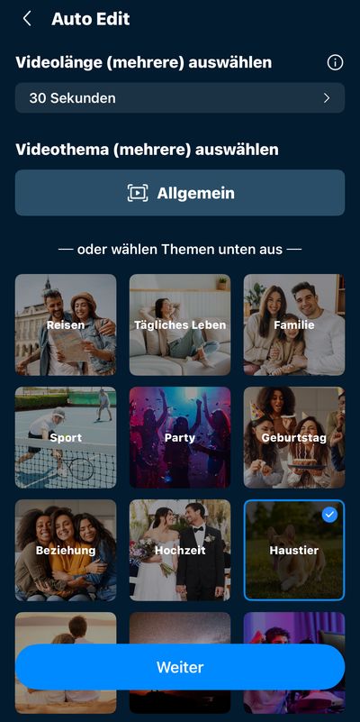 PowerDirector App Länge und Thema für automatische KI-Videobearbeitung wählen
