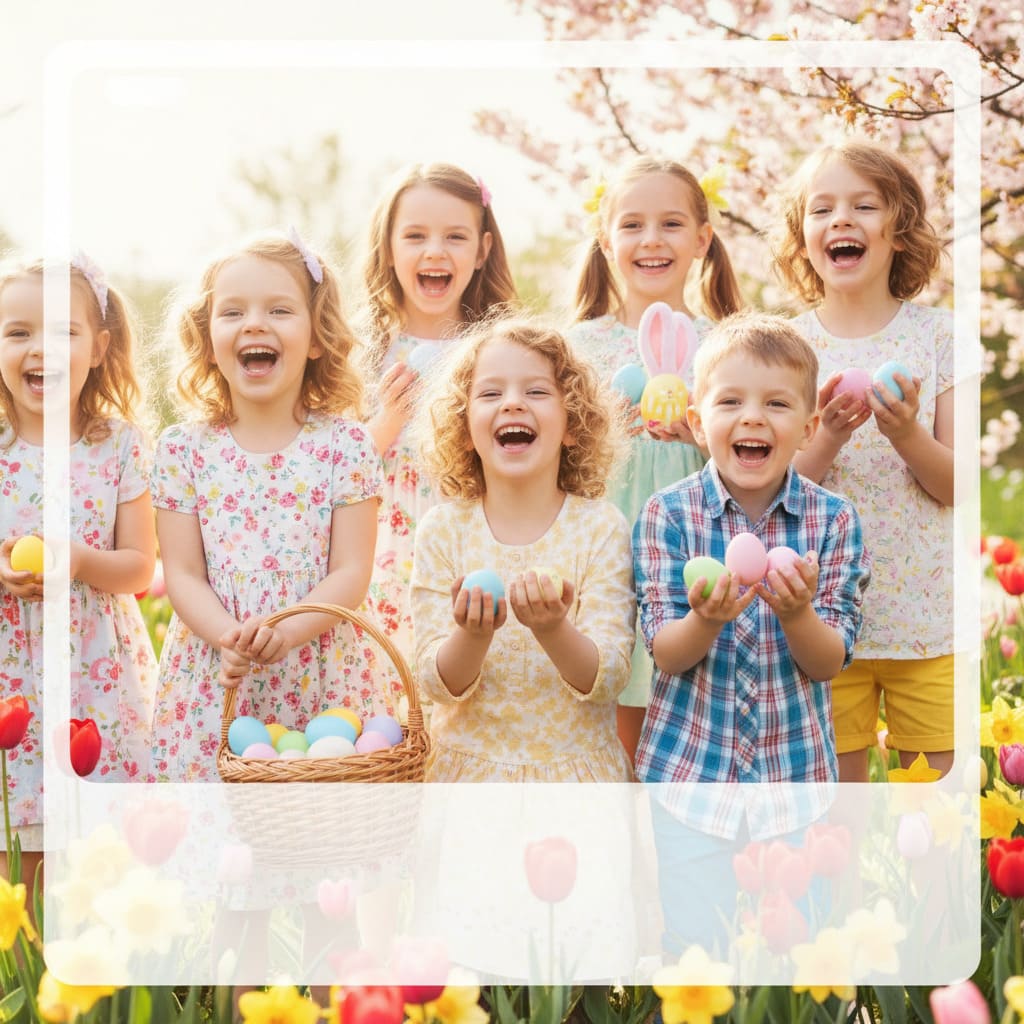 Enfants tenant des œufs de Pâques - image IA