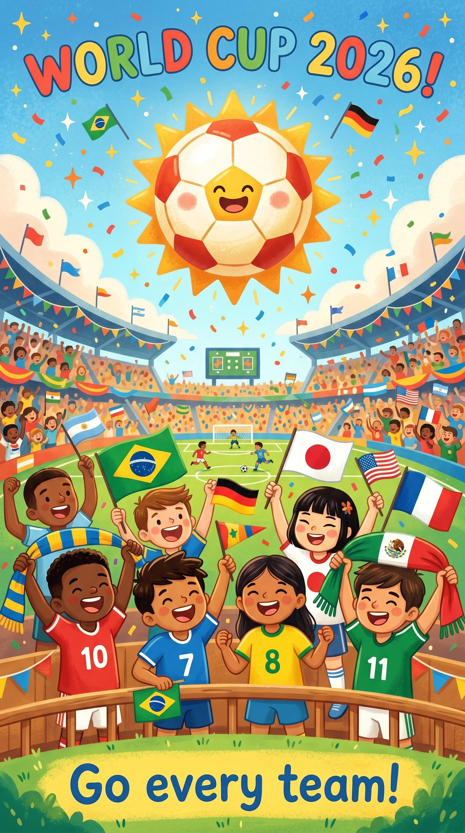 Kids' illustration of young soccer fans at the World Cup, AI generated