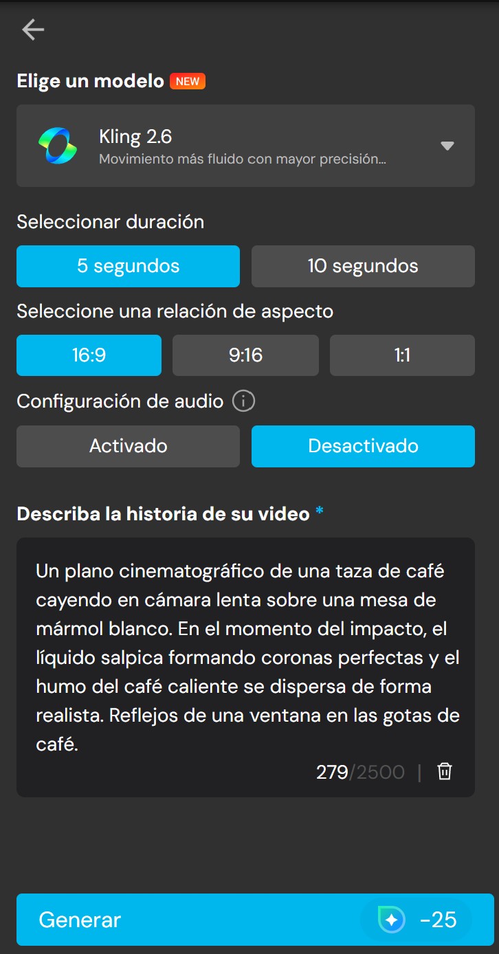 Kling integrado en la interfaz de MyEdit