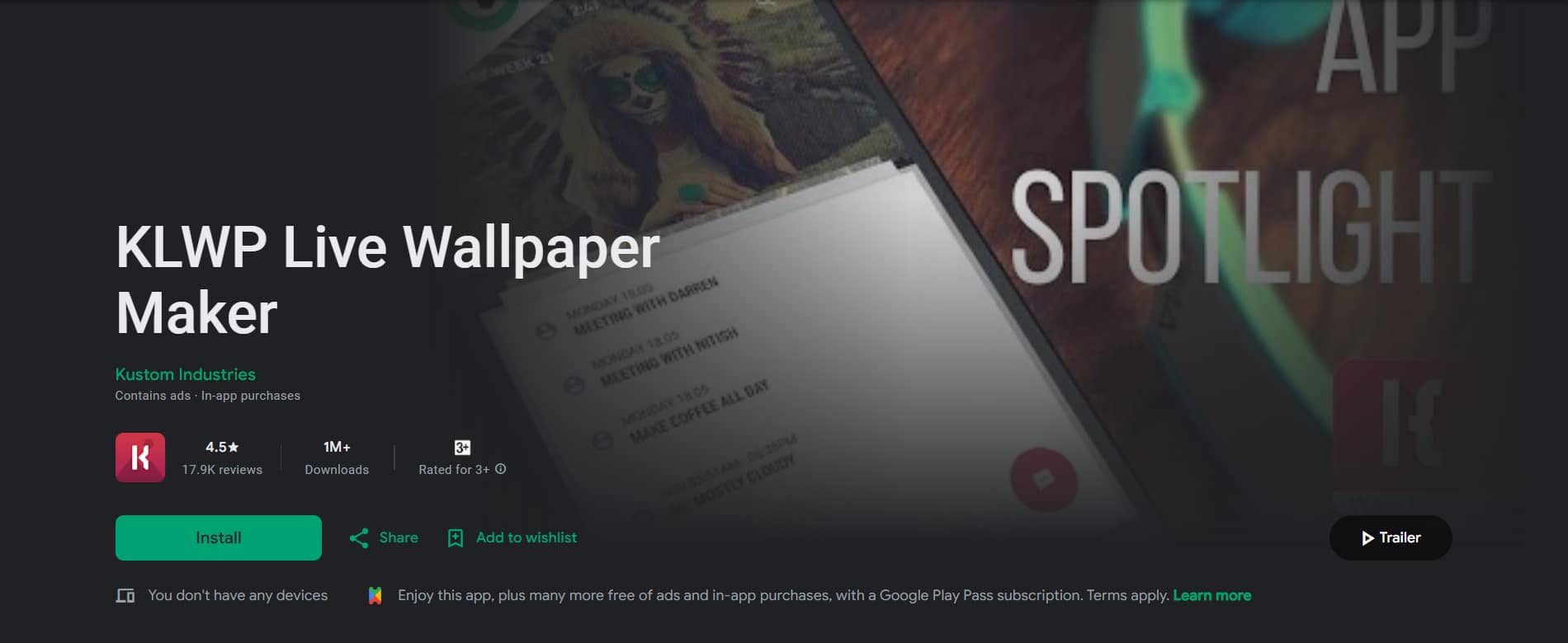Imagen de la página de KLWP en el Google Store