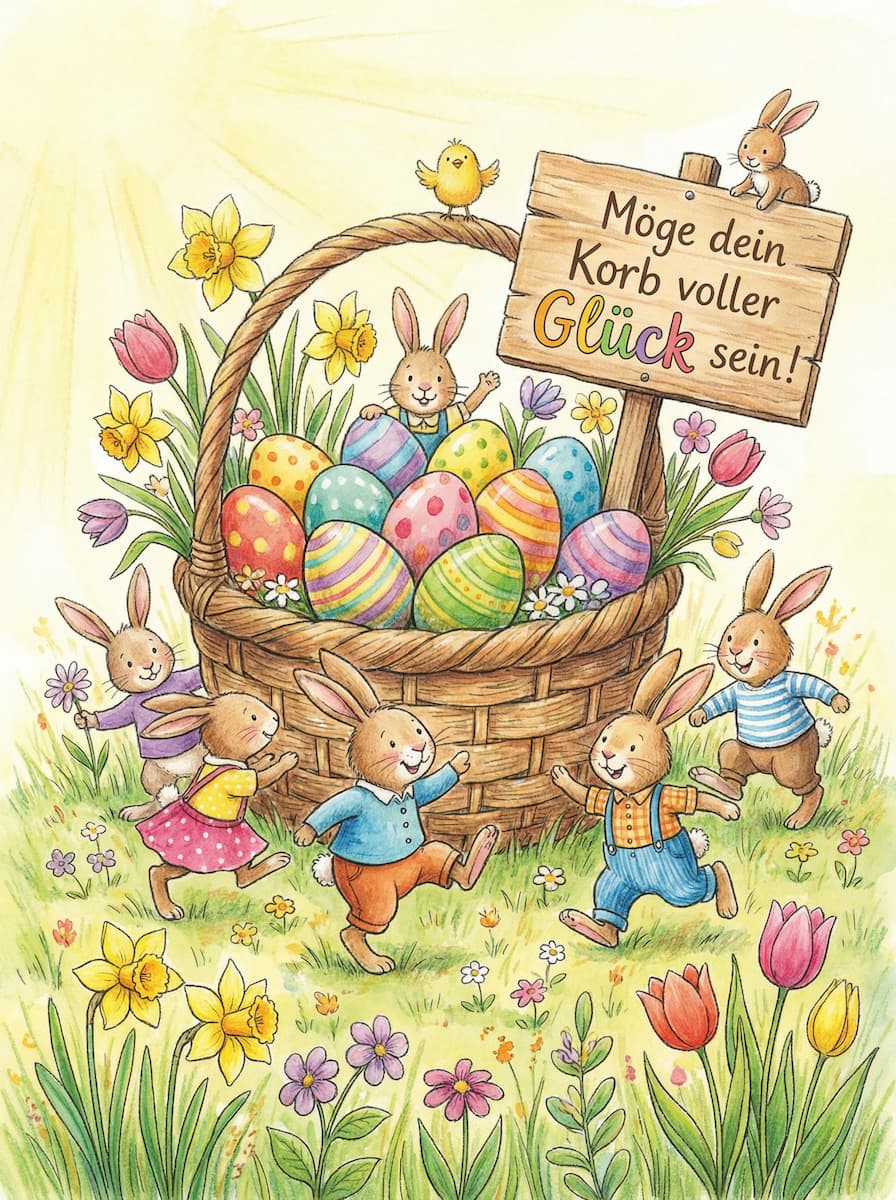 Bunte Illustration mit Osterhasen, einem Korb voller Eier und dem Spruch Möge dein Korb voller Glück sein.